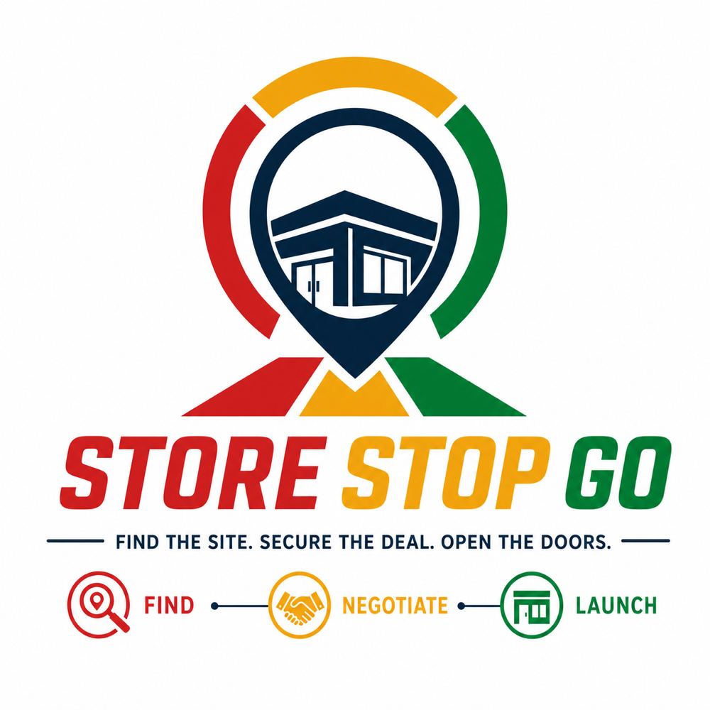 Store Stop Go brand lockup — Find the site. Secure the deal. Open the doors. Find, negotiate, launch.