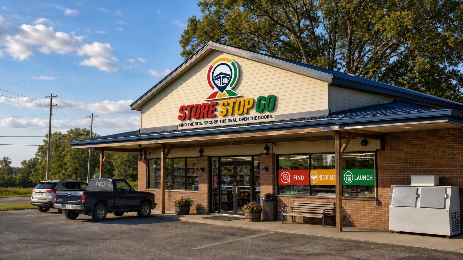 A small-town crossroads convenience store on a two-lane highway, delivered under the Store Stop Go program