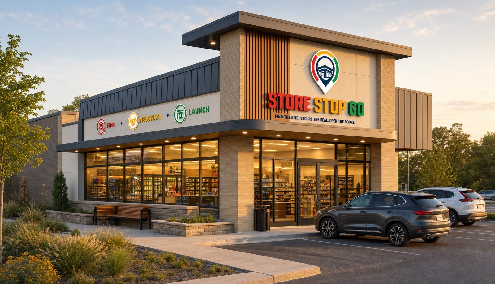 Modern flagship convenience store at golden hour, delivered under the Store Stop Go program